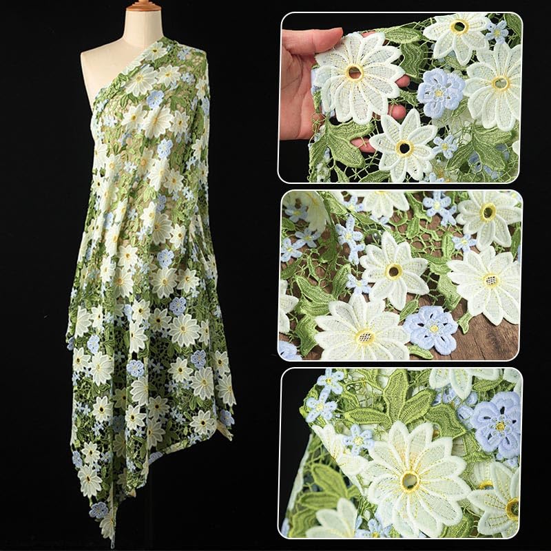 Tissus Couture Tissus à fleurs brodées vertes 50x130cm, for bricolage, couture de vêtements, chapeau, robe, vêtement, décor fond, tissu créateur artistique(100x130cm)
