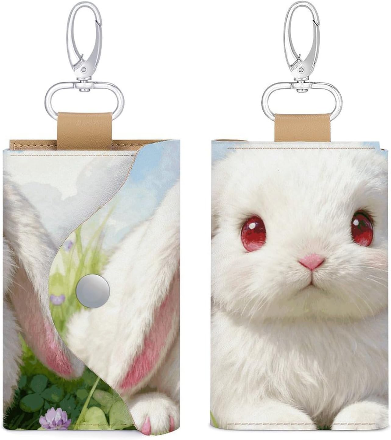 Cute Bunny Key Pouch, PU Leather Key Holder, Personalized Snap Closure Key Bag with Card Slot & Coin Pocket, Portable Key Organizer for Car Keys House Keys, Men Women