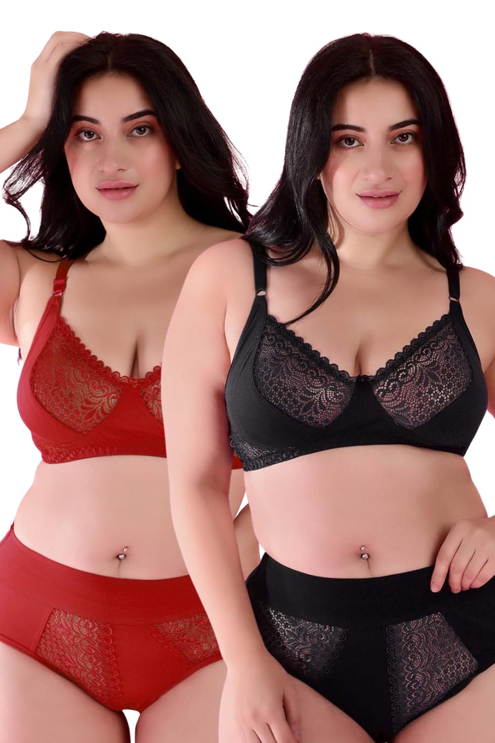 Gorgeous Bridal Honeymoon Cotton Designer Bra Panty Set Lace Push Up Non-Wired Solid Lingerie Lace Bra and Hipster 50MM Broad Belt Panty Set for Women and Girls Lingerie Set-image-2