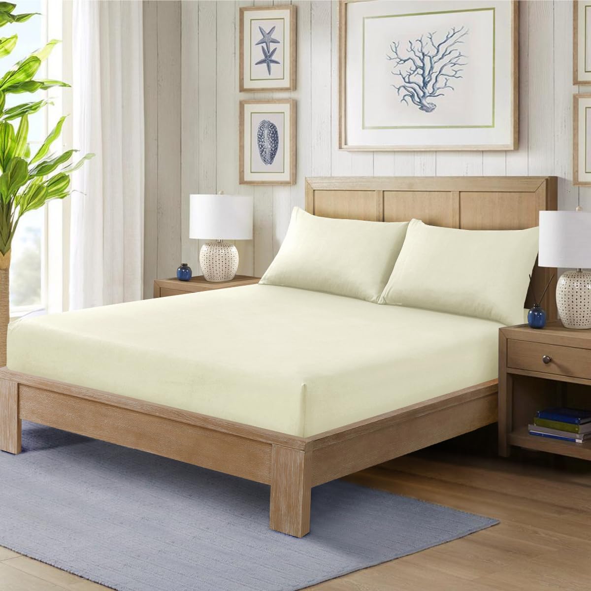 Hadi London Cream Polycotton Fitted Sheets For Single Double King Super King Size Bed Plain Dyed 25 Cm Extra Deep Fitted Sheet Cover With 200 Thread Count And Elasticated Edges (, King)
