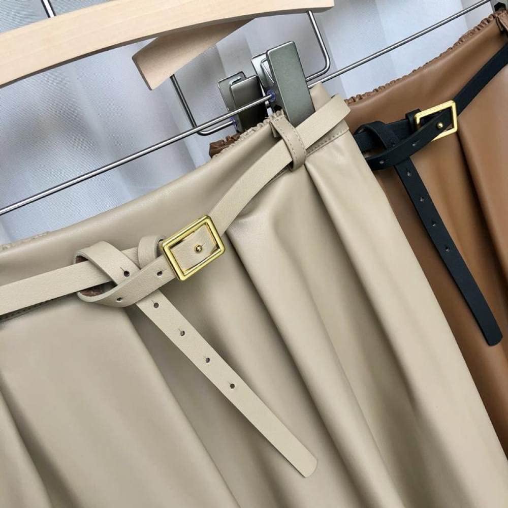 OZEO Röcke,Damen Midirock Beige Hohe Taille Plissee Pu-Leder Rock Taschen Gürtel A-Linie Schaukel Geraffte Mode Lange Röcke Für Mädchen Damen Herbst Winter,S