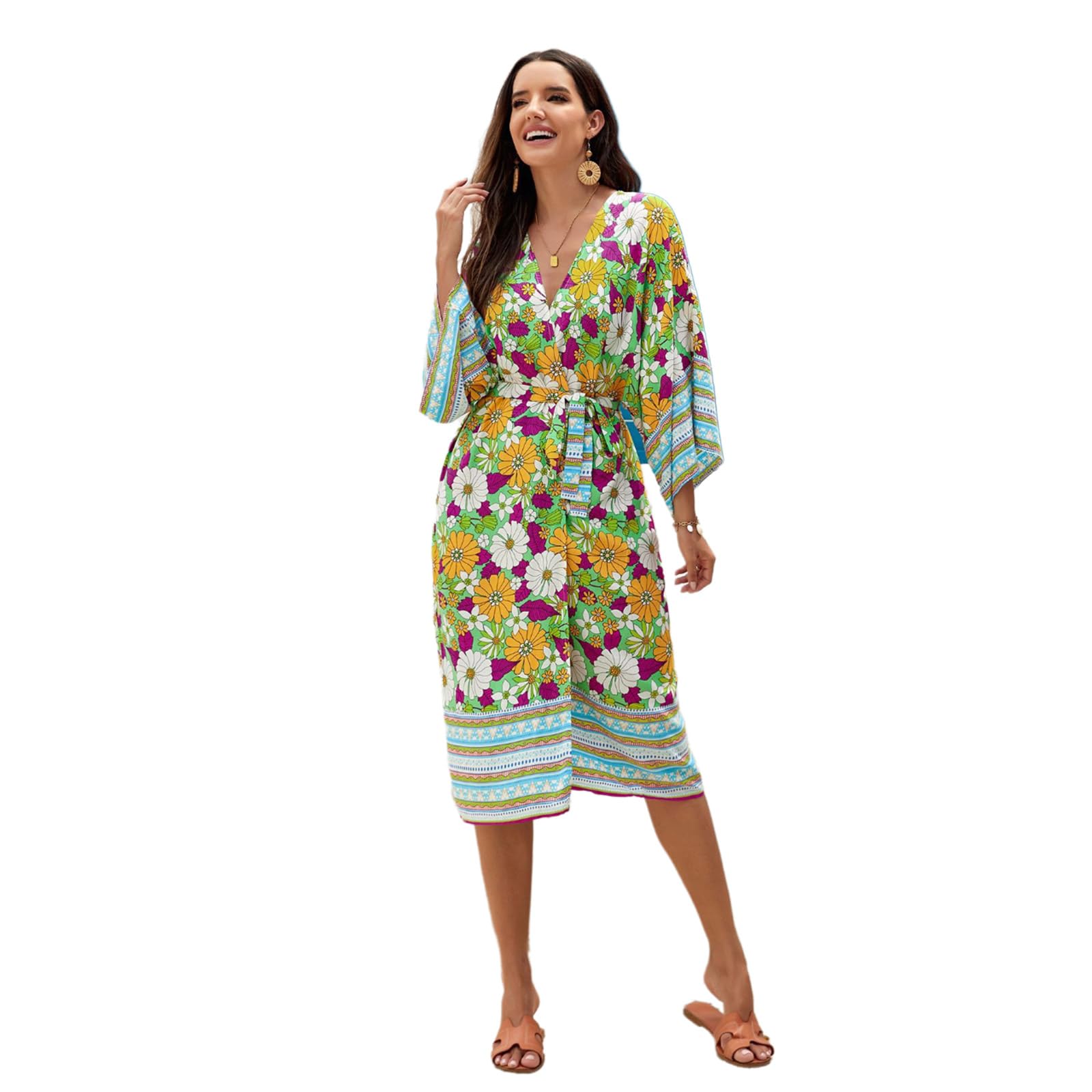 Cárdigan de playa para mujer con banda en la cintura, kimono largo de flores, frente abierto, cárdigan de playa