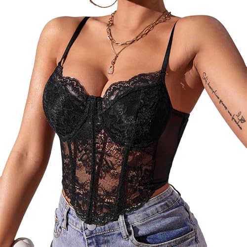 Haibang Koronkowy top damski podkoszulek letni seksowny slim fit gorset z cienkimi ramiączkami bez rękawów krótki top regulowany dekolt w serek elegancka podkoszulka pod biust dopasowany gorset