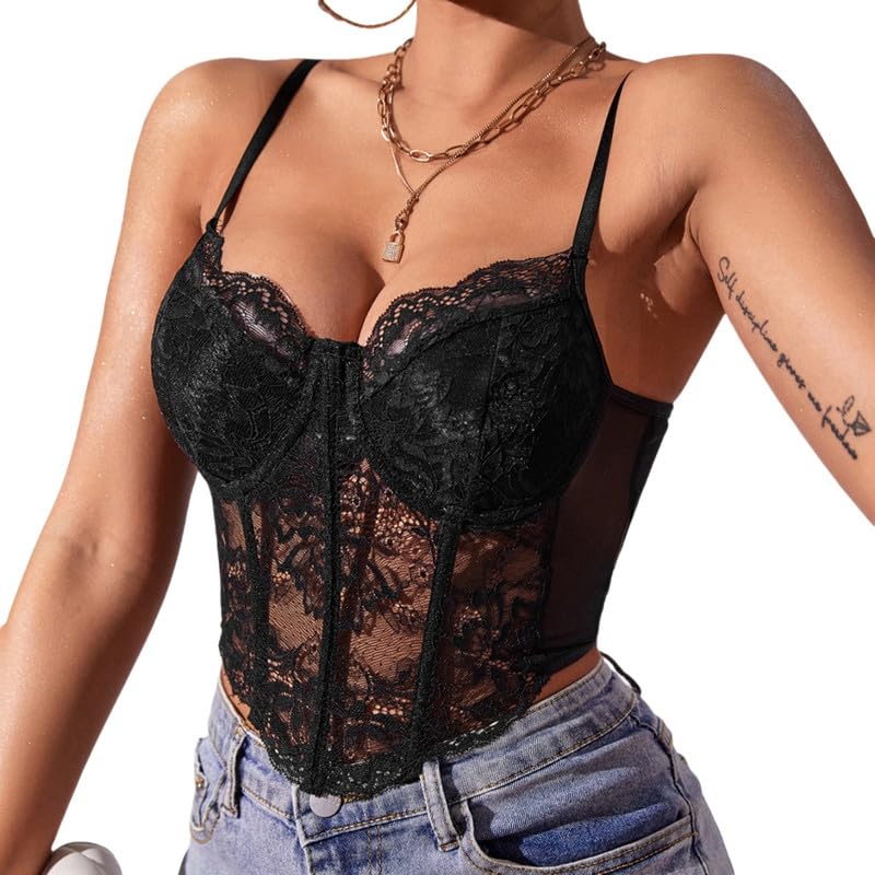 Haibang Debardeur Femme Eté en Dentelle Sexy Col en V Haut Court Chic Bretelles Spaghetti Crop Top Coupe Ajustée Corset Dentel Cami Tank Tops Chemisier Mode Streewear Clubwear