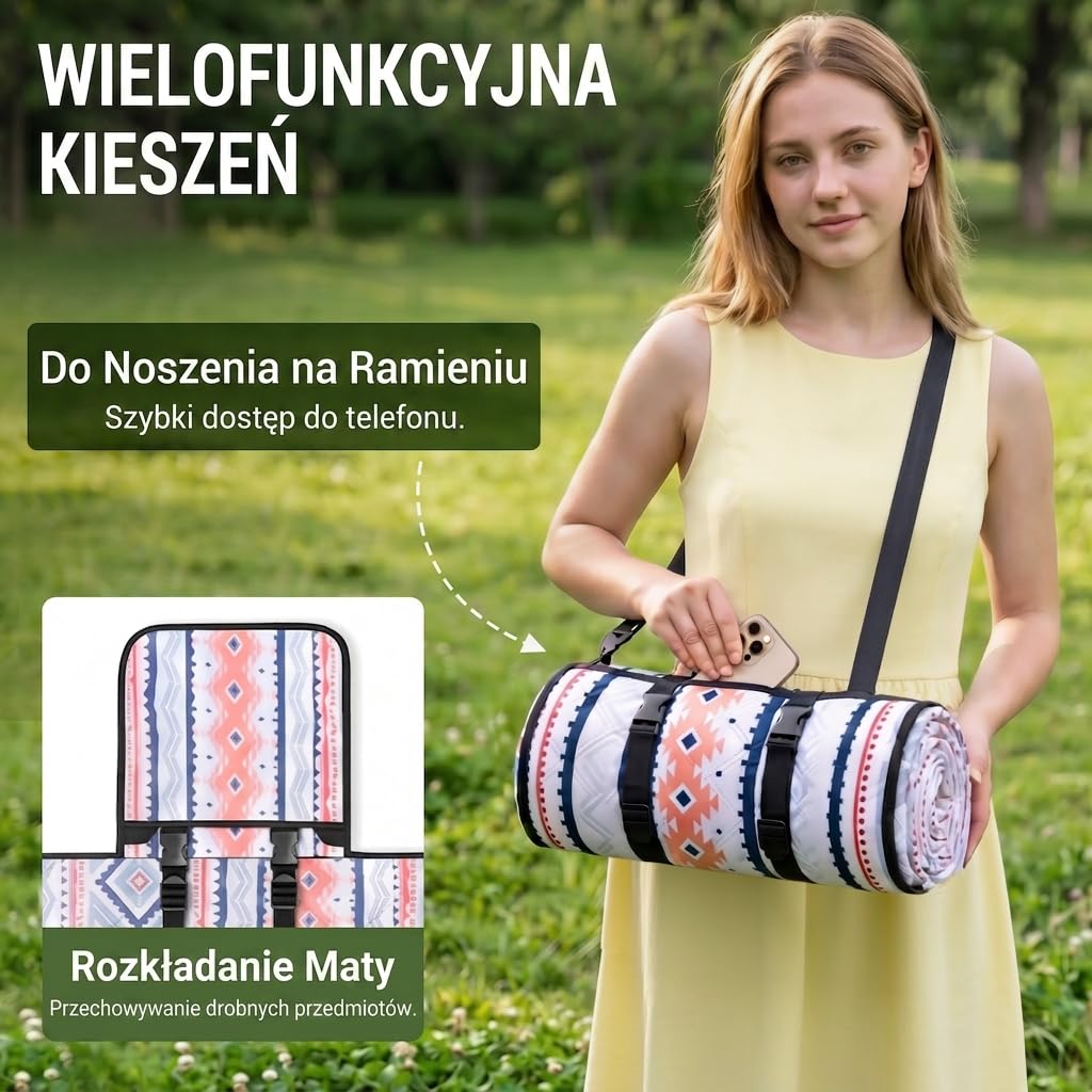 Wolfwise Koc Piknikowy Wodoodporny, Duży Mata Plażowa 200x200 cm, Składany Picnic Blanket z Regulowanymi Paskami i Paskiem na Ramię, Koc Izolowany do Ogrodu, Trawy, Podróży i Wędrówek, Niebieski
