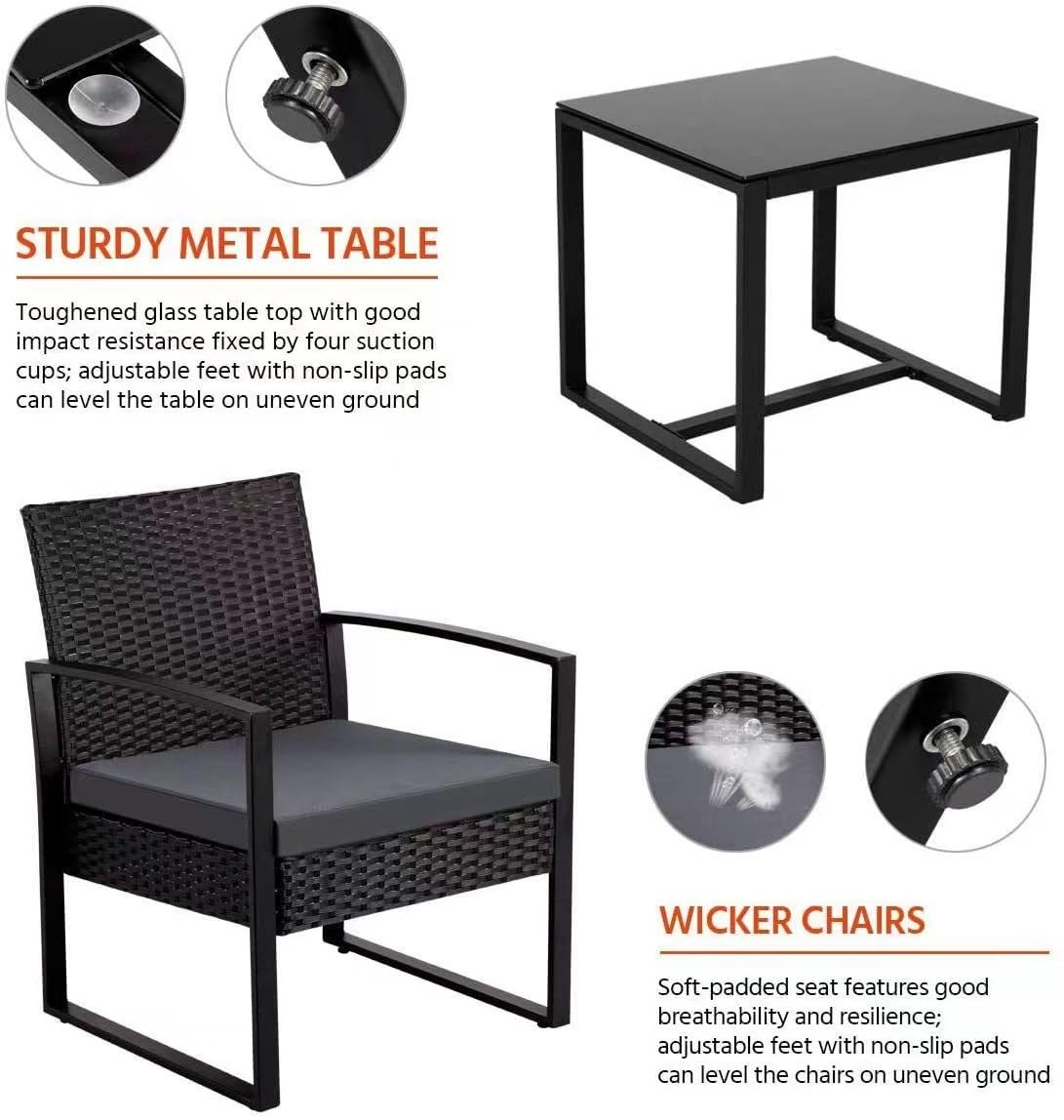 Set di 3 sedie in rattan, tavolino da caffè, mobili da giardino, set da bistrot in rattan con tavolino da caffè, per interni ed esterni, patio, giardino, cortile