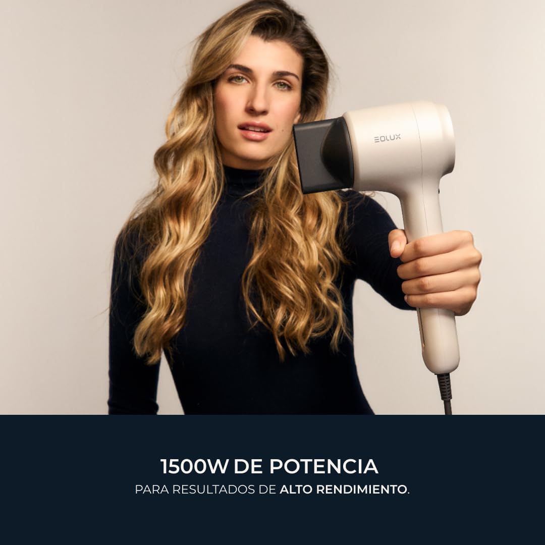 EOLUX | Secador de Pelo Profesional Iónico EX02 | Ergonómico, Sostenible y Silencioso | Protege el Cabello | Control de Temperatura | Motor Compacto | Boquillas Magnéticas | Pearl | 1500W