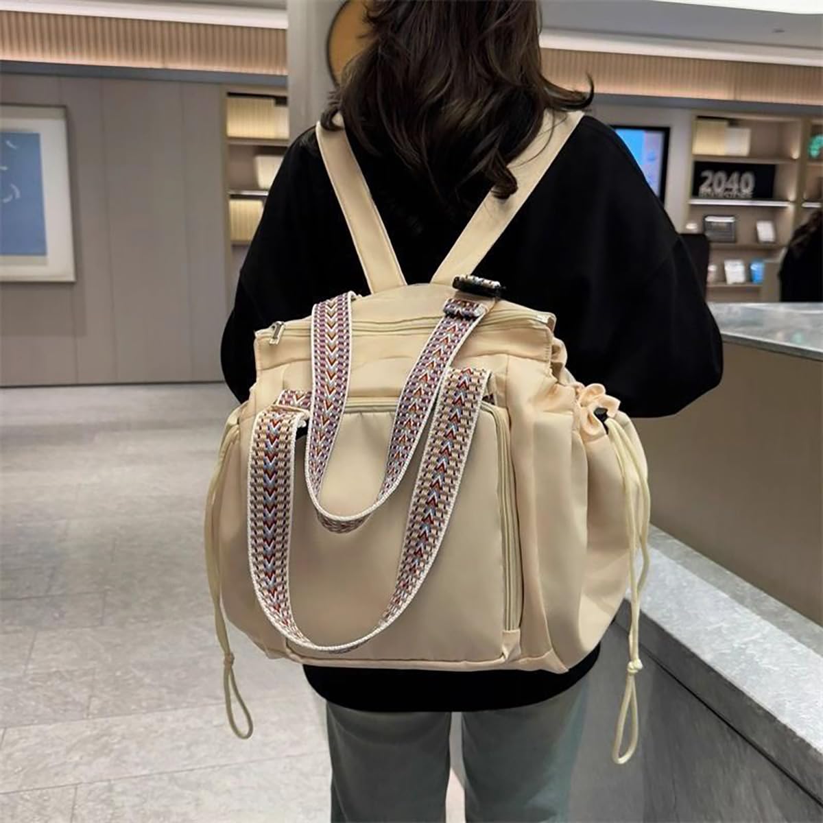 Borsone da Viaggio Pieghevole, Borsa da Viaggio Trasformabile Cradle Bag, Grande Capacità, Borsa Shopping Pieghevole in Nylon Leggera con 15 Tasche (Beige)