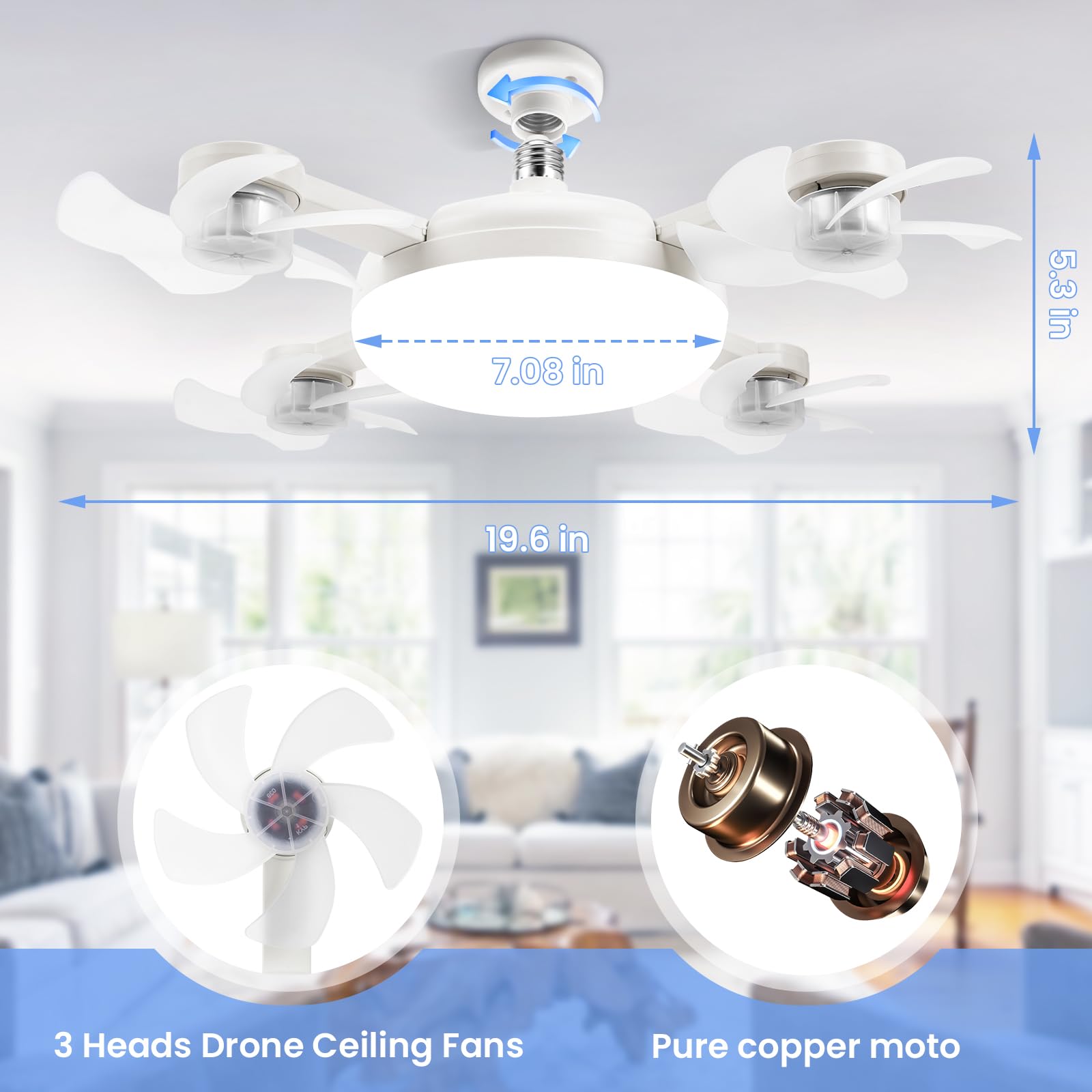 2026 Neu Drohnen Deckenventilator mit Beleuchtung und Fernbedienung, 3 Farbtemperatur 3 Geschwindigkeiten Deckenventilator mit Lampe, Fernbedienung Leise Dimmbar Ventilator Deckenlampe (4 Köpfe)