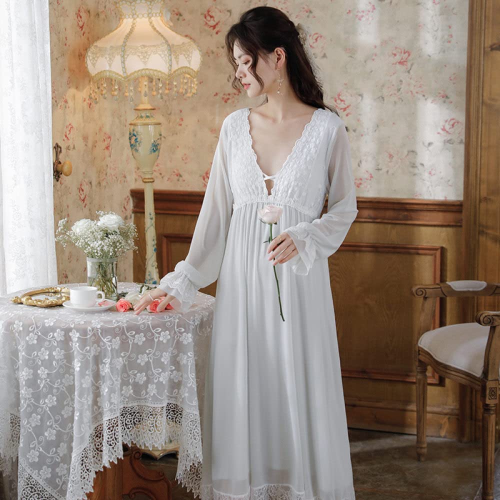 Nachthemd Damen Sexy,Damen-Nachthemden, Weißes V-Ausschnitt, Florales Spitzennetz, Elegantes Schlafhemd, Weiches, Bequemes, Langärmliges Nachthemd, Nachtwäsche, Loungewear Für Damen, Mädchen, P