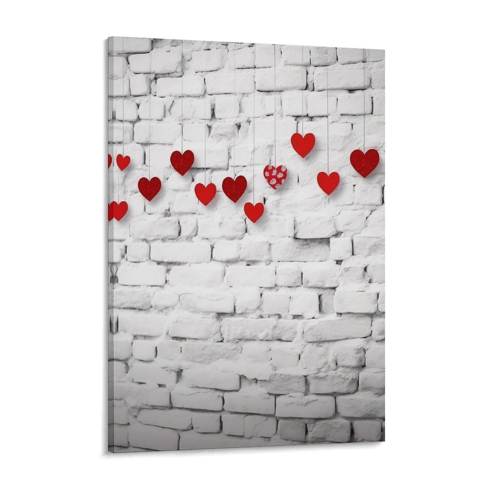 Red Hearts on White Brick Wall Canvas Wall Art for Bedroom 18x24inch Canvas Prints Artwork for Walls Modern Picture Artwork Painting for Living Room Aesthetic Wall Paintings for Bathroom Kitc