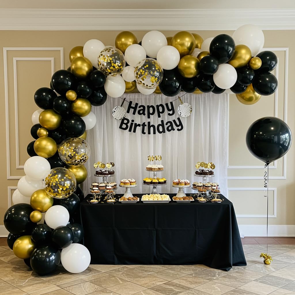 DECO ART CO 100 Pcs Black, Gold, White Balloons, Balloon Garland Arch Kit, Clear Balloons with Gold Confetti for Graduation, Wedding, Birthday,
