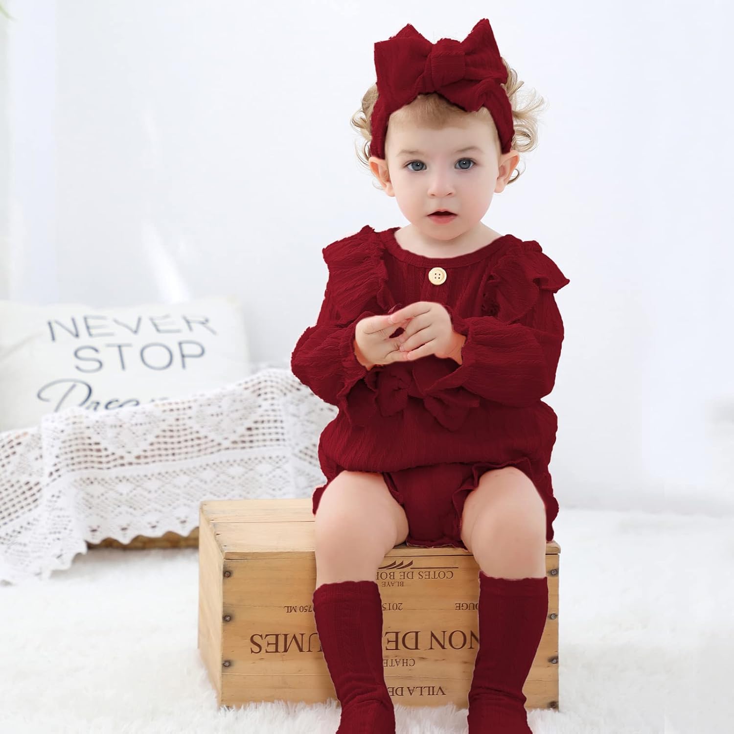 GRNSHTS Newborn Baby Girl Clothes Ruffle Solid Sweater Long Sleeve Romper+Hairband+Socks 3Pcs Fall Winter Outfits - Image 2
