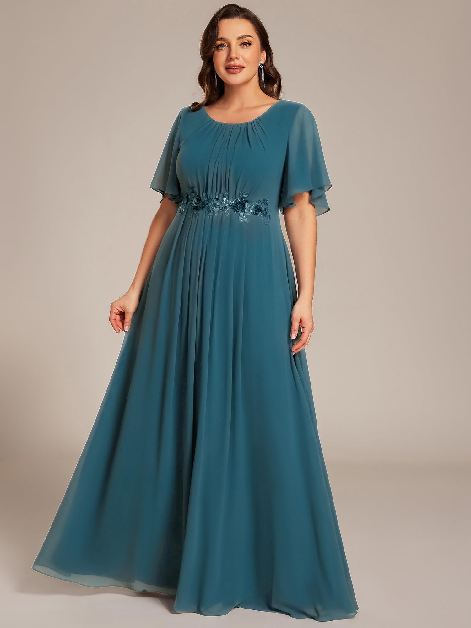 Ever-Pretty Plus Donne Girocollo Appliques Maniche Corte Piano Lunghezza Plus Size Abiti Formali Madre della Sposa Abito
