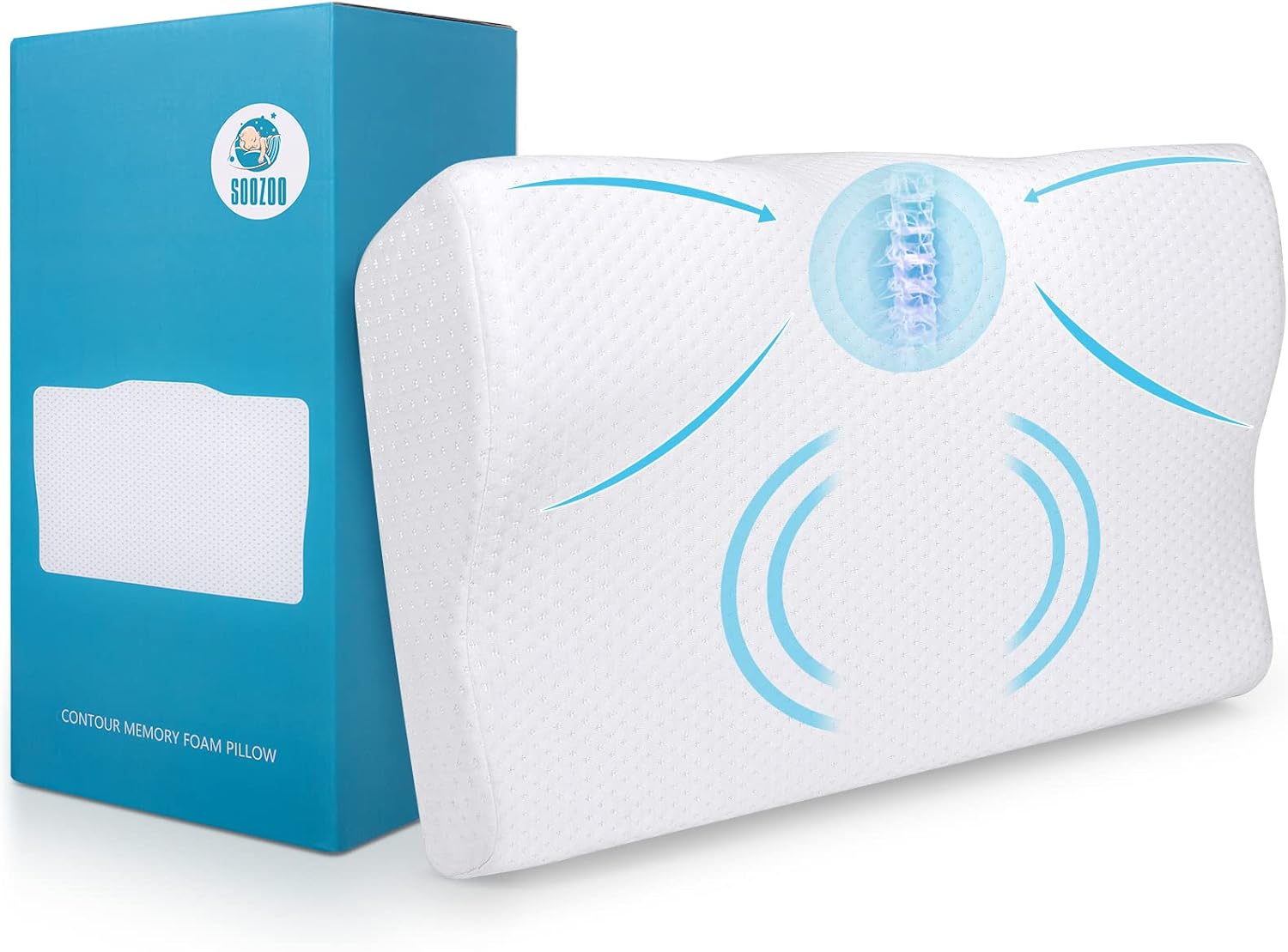 SOOZOO Cervical Pillow for Neck Pain Relief Orthopedic Contour Memory Foam Sleeping Cooling Ergonomic Support with Washable Cover Side, Back, Stomach Sleepers, Firm, Queen Size, White (dxzy)
