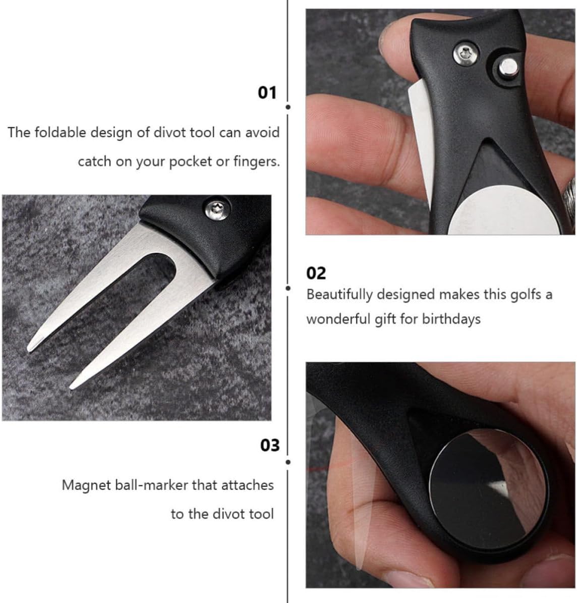 Golf Divot Repair Tools with Ball Marker with Abs Handle 2pcs Foldable and Stainless Steel Forks, Portable Golf Accessories for-Course Turf Repair