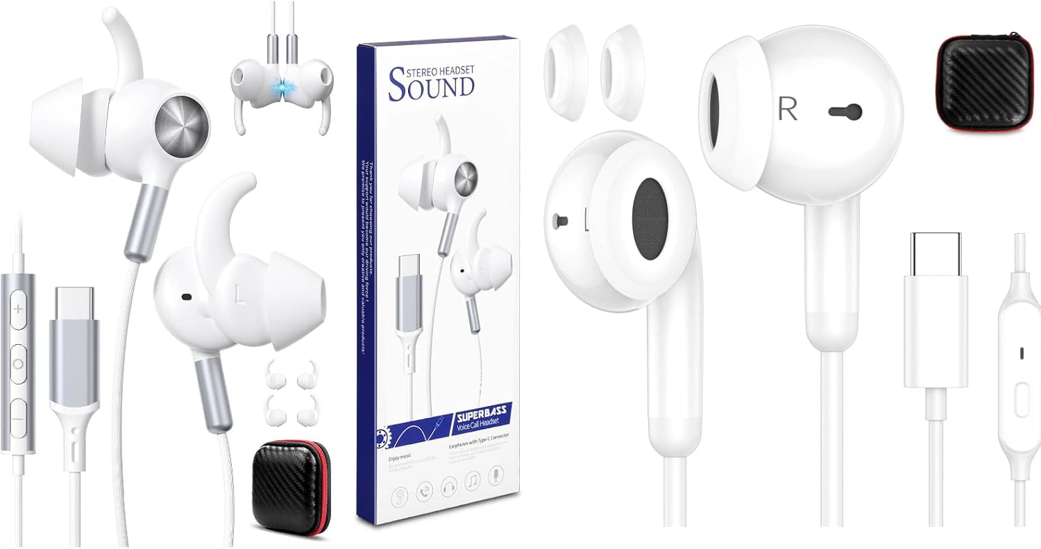 USB C Earbuds 4.9FT Wired Headphones with Secure Wingtip, 3.9FT Wired Earbuds USB C Headphones for iPhone 17 Pro Max 16e 16 Plus 15,Noise Canceling Type C Earphone for Samsung Galaxy A17 A16 S25 FE