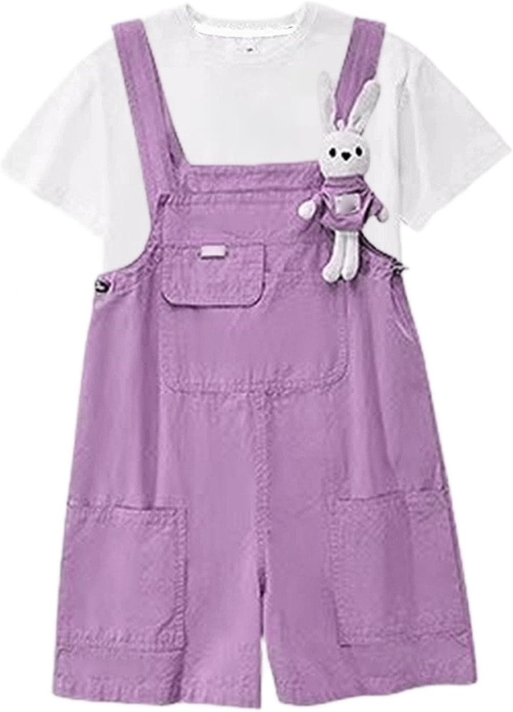 Girls 2 Piece Romper Outfit Short Sleeve Crew Neck T-Shirts Bib Pockets Wide Leg Overall Shorts Set Summer Cute Bunny