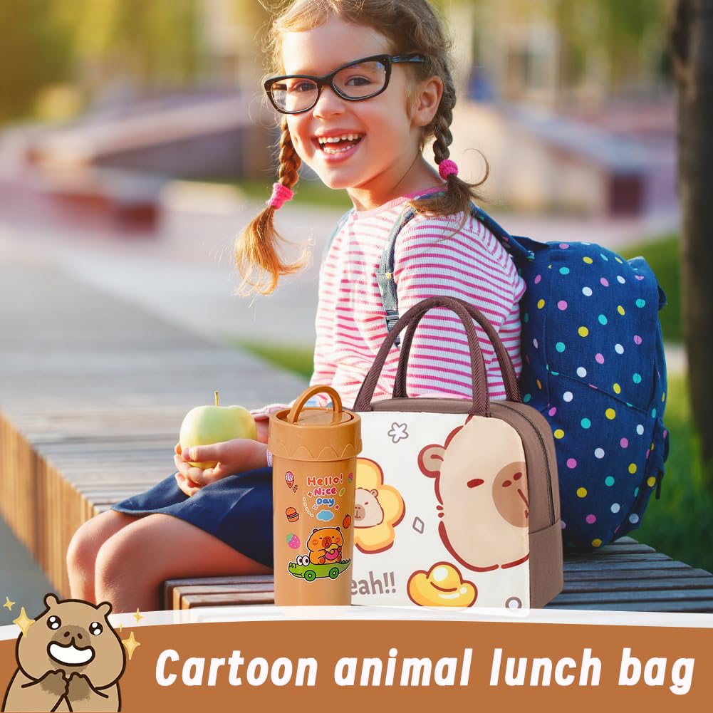 Borsa Per Il Pranzo Capybara E Bambini Con Bicchiere e Porta Pranzo,Set Da Pranzo Per La Scuola,Borsa Termica Lunch Bag Porta Pranzo Al Sacco Cartoni Animati Per Viaggi,Lavoro,Scuola