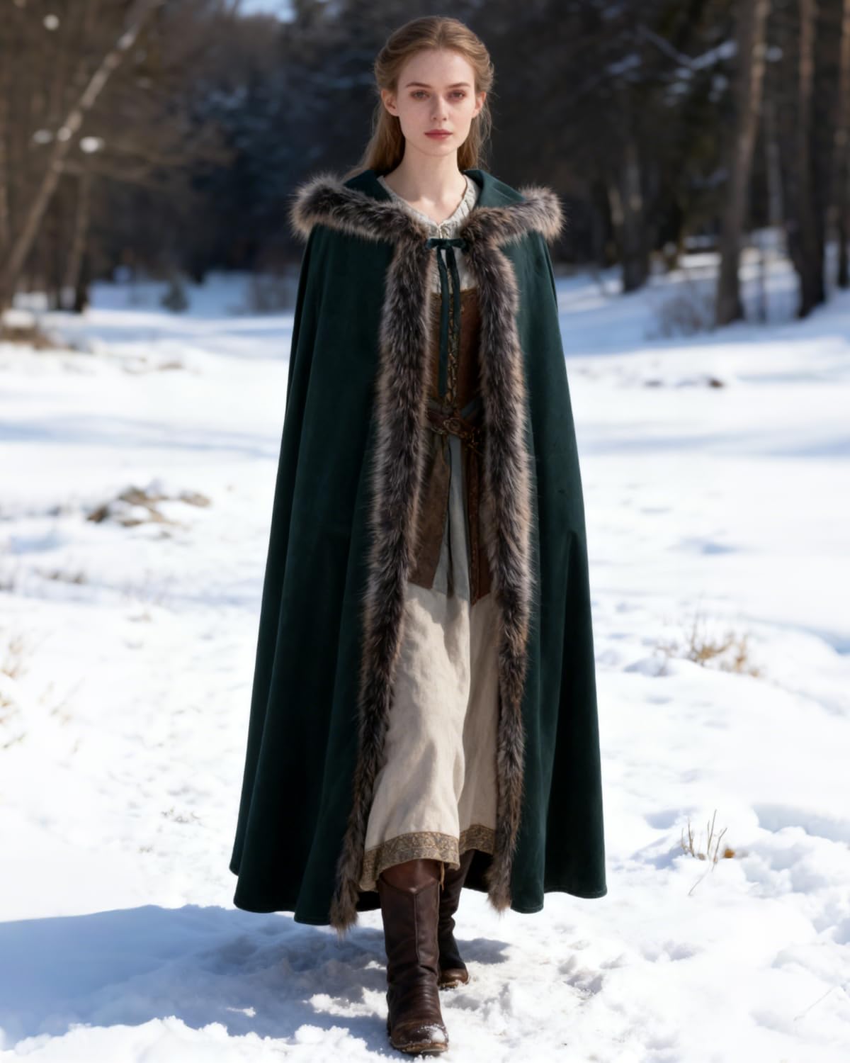 keland Capa de piel vikinga, capa medieval, terciopelo con capucha, color verde | Disfraz de vikingo para mujer y hombre, capa de piel con capucha, Halloween, cosplay, festival medieval, carnaval, invierno