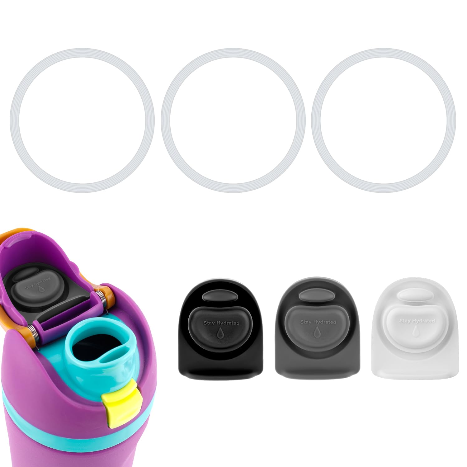 3pcs Bottle O Seal Ring & 3pcs Replacement Stoppers for Owala Freesip Cap, Silicone BPA Free Water Bottle Top Lid Gasket Parts for Owala Freesip 16/19/24/32/40oz (Black, White)