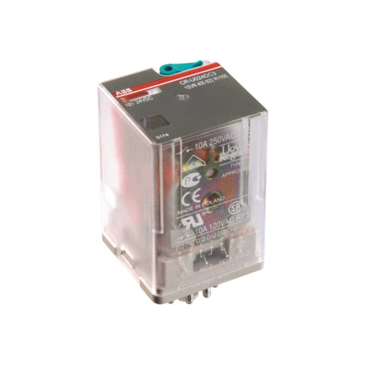 Relé universal ABB CR-U024DC3L de 24VCC con 3 contactos conmutados y LED 2