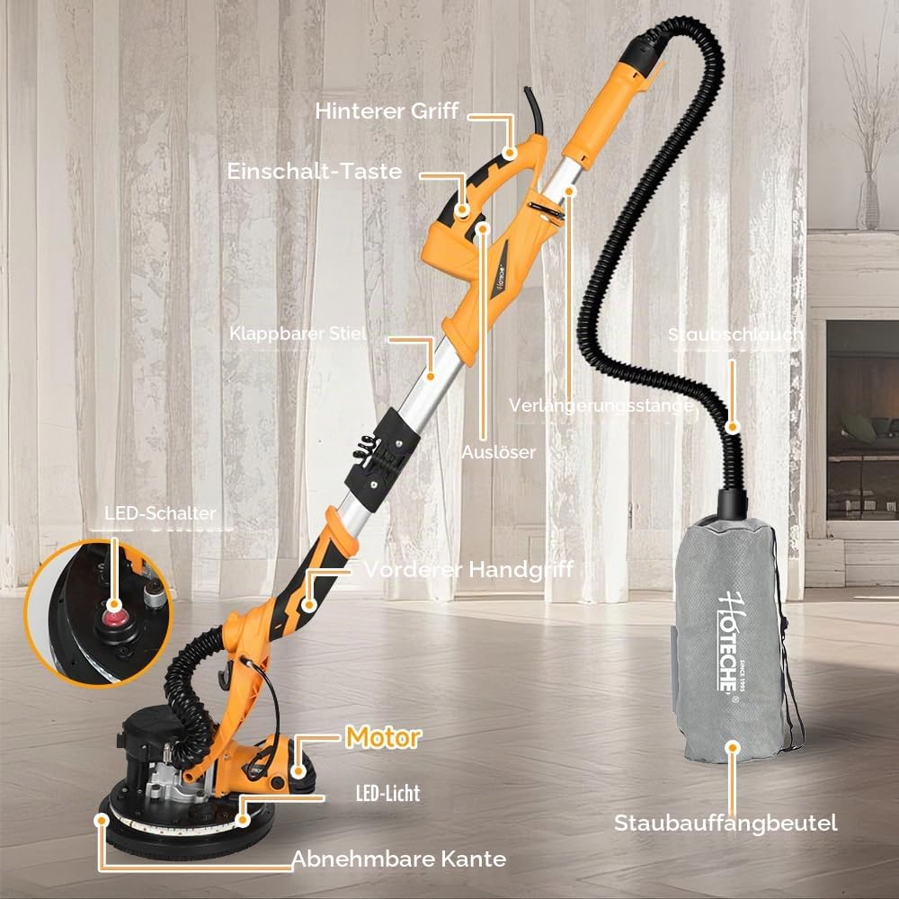 Hoteche 800W 225MM Trockenbauschleifer Wandschleifer mit Absaugung Langhalsschleifer 220-240V 50/60Hz 800-1800 rpm faltbarer verlängerbarer Griff LED Licht Selbstansaugend und Zubehör