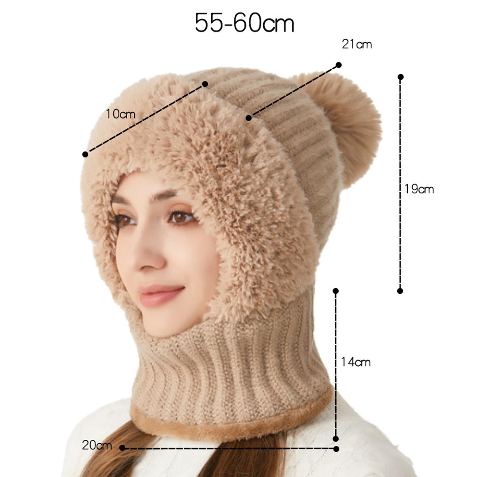 Zaktualizowana wersja Zestaw szalików z dzianiny damskiej, maska narciarska, czapka z polaru dwuwarstwowego z czapkami Bobble Pom Pom,Beige