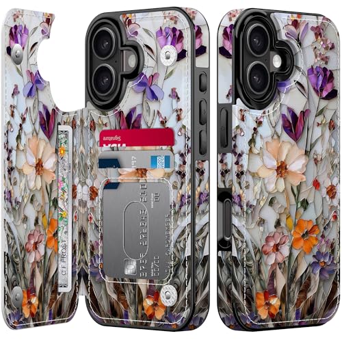 Goodon for iPhone 17 Wallet Case with Card Holder,RFID-Blocking,Aesthetic Vintage Floral Girly Shell,Trendy Unique Cool Retro Protective Phone Cover for Women Girls - Marble Pressed Flowers