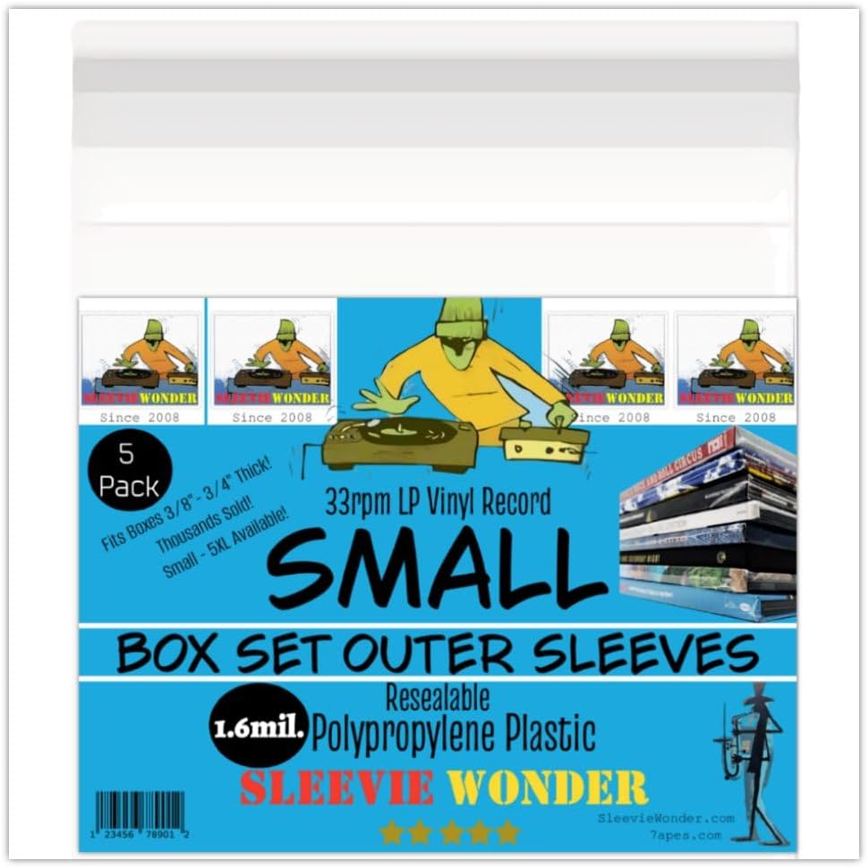 Sleevie Wonder Small Box Set Outer Plastic Sleeves (x5) 1.6mil Resealable Clear Polypropylene for 33rpm LP Vinyl Record Boxset Best Protects 3/8""-3/4"" Boxes (+1 Free Dj Sticker)