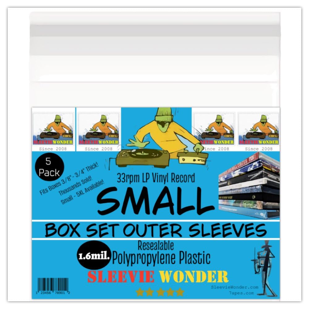 Sleevie WonderSmall Box Set Outer Plastic Sleeves (x5) 1.6mil Resealable Clear Polypropylene for 33rpm LP Vinyl Record Boxset Best Protects 3/8""-3/4"" Boxes (+1 Free Dj Sticker)
