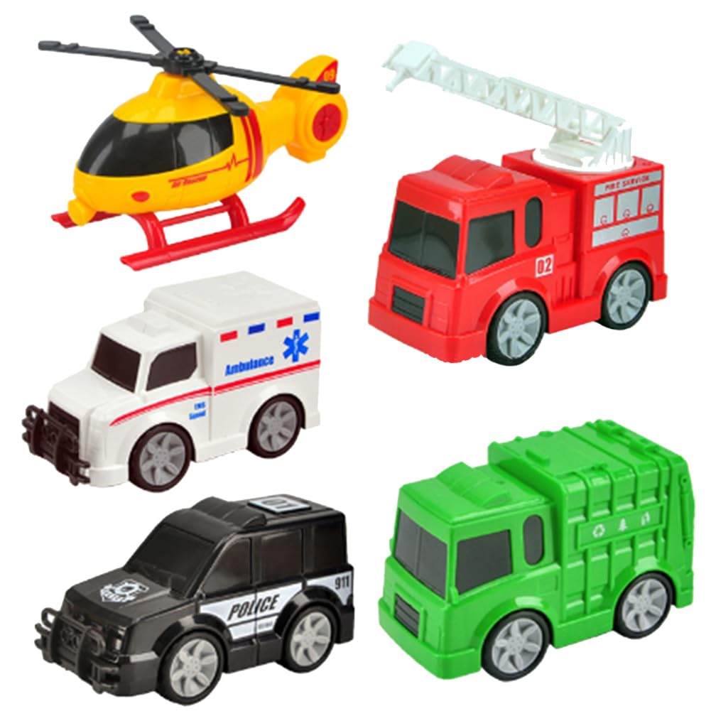 Set di 5 Giocattoli auto Della Polizia, Ambulanza, Camion della Spazzatura, Camion dei Pompieri, Elicottero, Macchinina per Bambini, Veicolo da Città