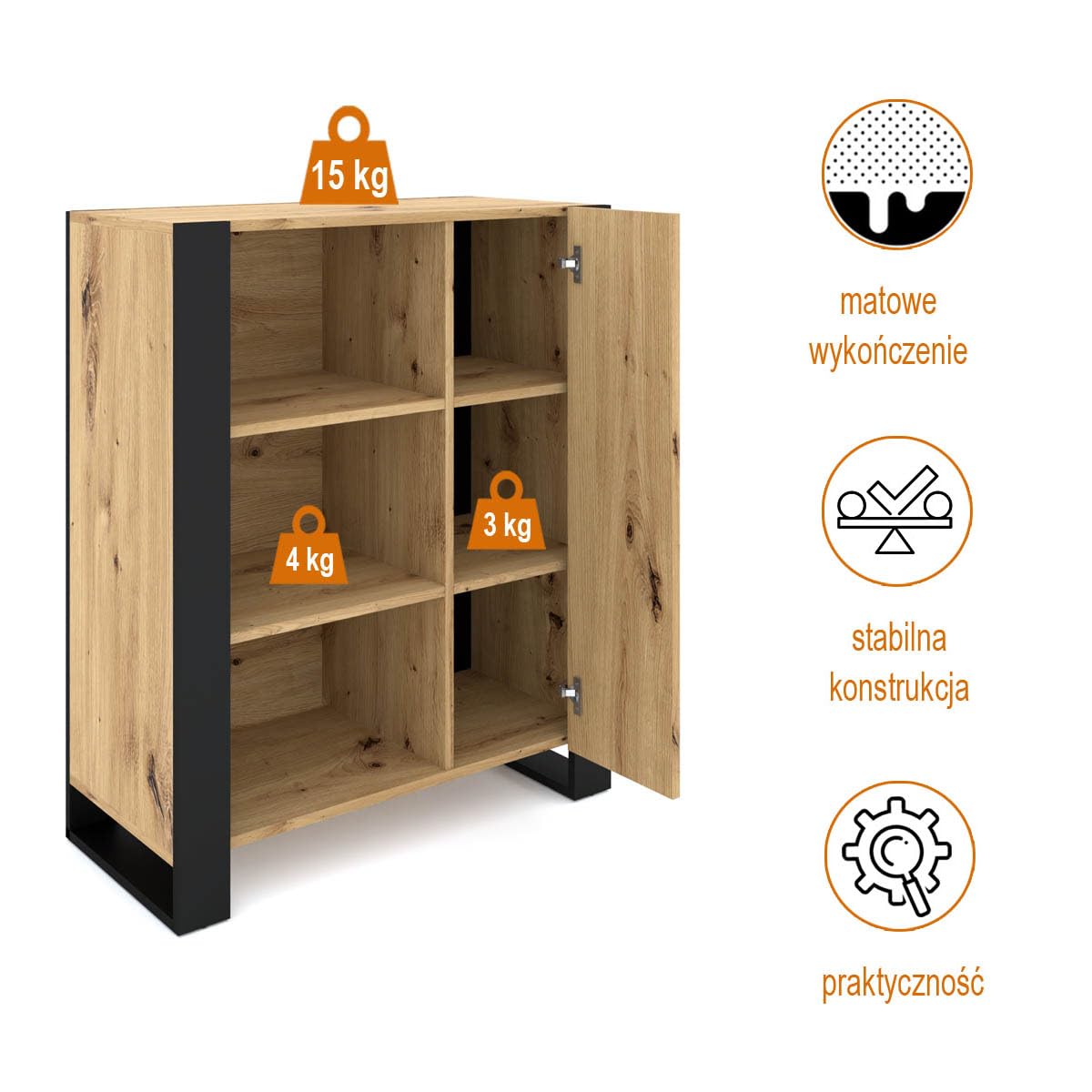 Regał stojący 90 cm do salonu i biura – nowoczesny regał loftowy z półkami do przechowywania, funkcjonalny i uniwersalny mebel, dąb artisan czarny NUKA J
