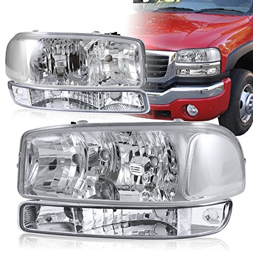 4-Pieces 1999-2006 GMC Sierra 1500 2500 Chrome Housing Headlights+Bumper+Clear Reflector