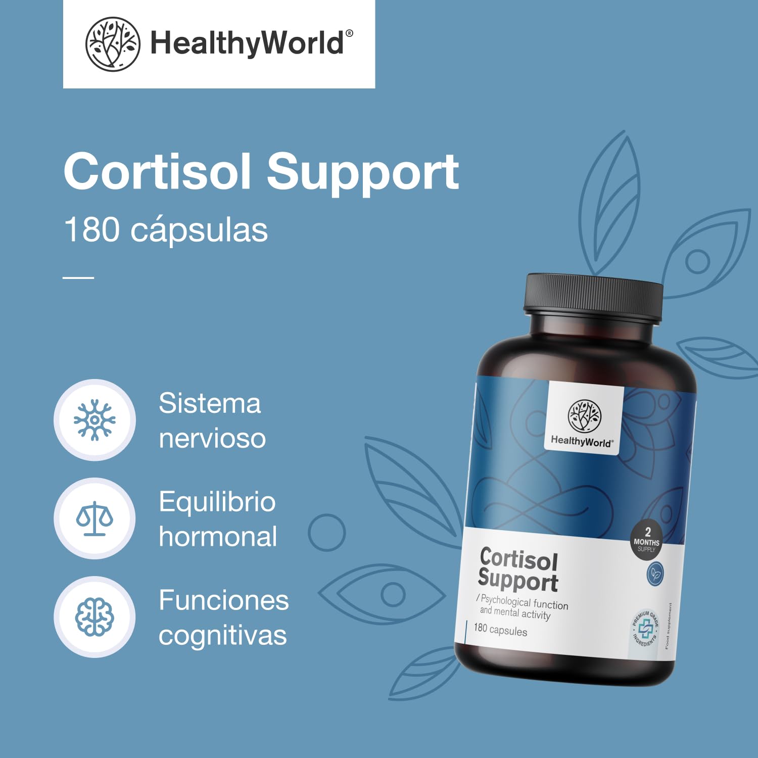 HealthyWorld Cortisol Support - 180 cápsulas - Ashwagandha, Rodiola, L-Teanina, Zinc, Pimienta Negra, Vitamina C1, B1, B5, B6 - Para el Equilibrio Hormonal - Fórmula Vegetariana