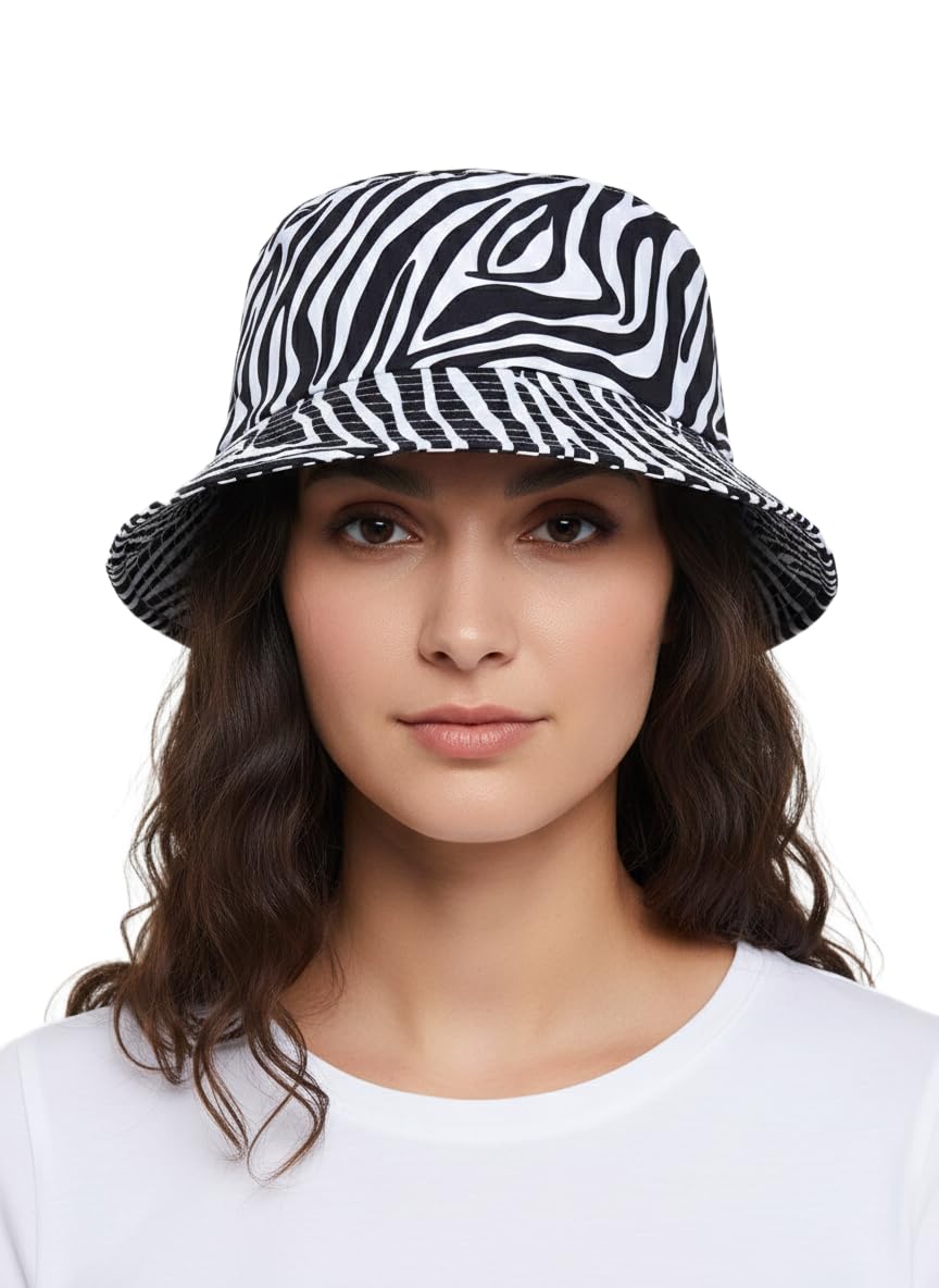 Summer Protective Hat Women Tropical Palm Reversible Bucket Hat Black White Zebra Striped Print Fisherman Hat Casual Outdoor Panama Cap Foldable Sunbonnet-image-23
