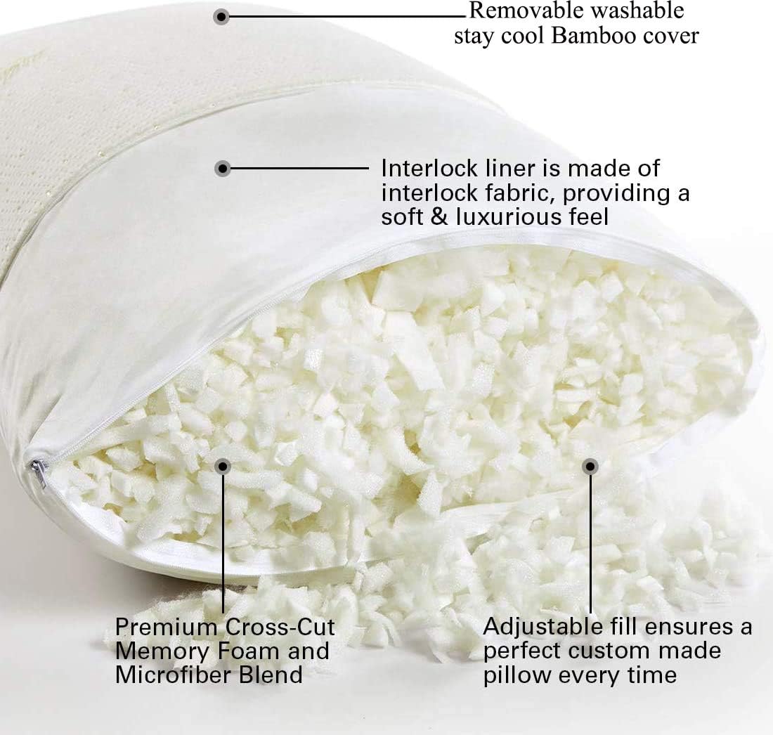 Memory Foam Pillow Standard Size, Breathable Cooling Shredded Memory Foam Bed Pillow with Zipper Removable and Washable Bamboo Derived Rayon Cover White