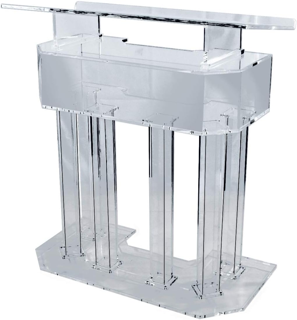 Kingdom 3 Tier Acrylic Lectern or Podium with 6 Column Base and a Wide Middle Shelf with Plenty of Space for Your Presentation Needs - Clear (Plain/Non-Personalized)