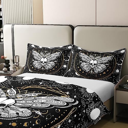 Homewish Death Moth Cotton Bedding Sets Single for Girls Boys Child,Boho Gothic Skull Duvet Cover,Golden Sun Moon Comforter Cover,Bohemian Style Galaxy 100% Cotton Set,Star Cloud Print Quilt Cover - Image 4