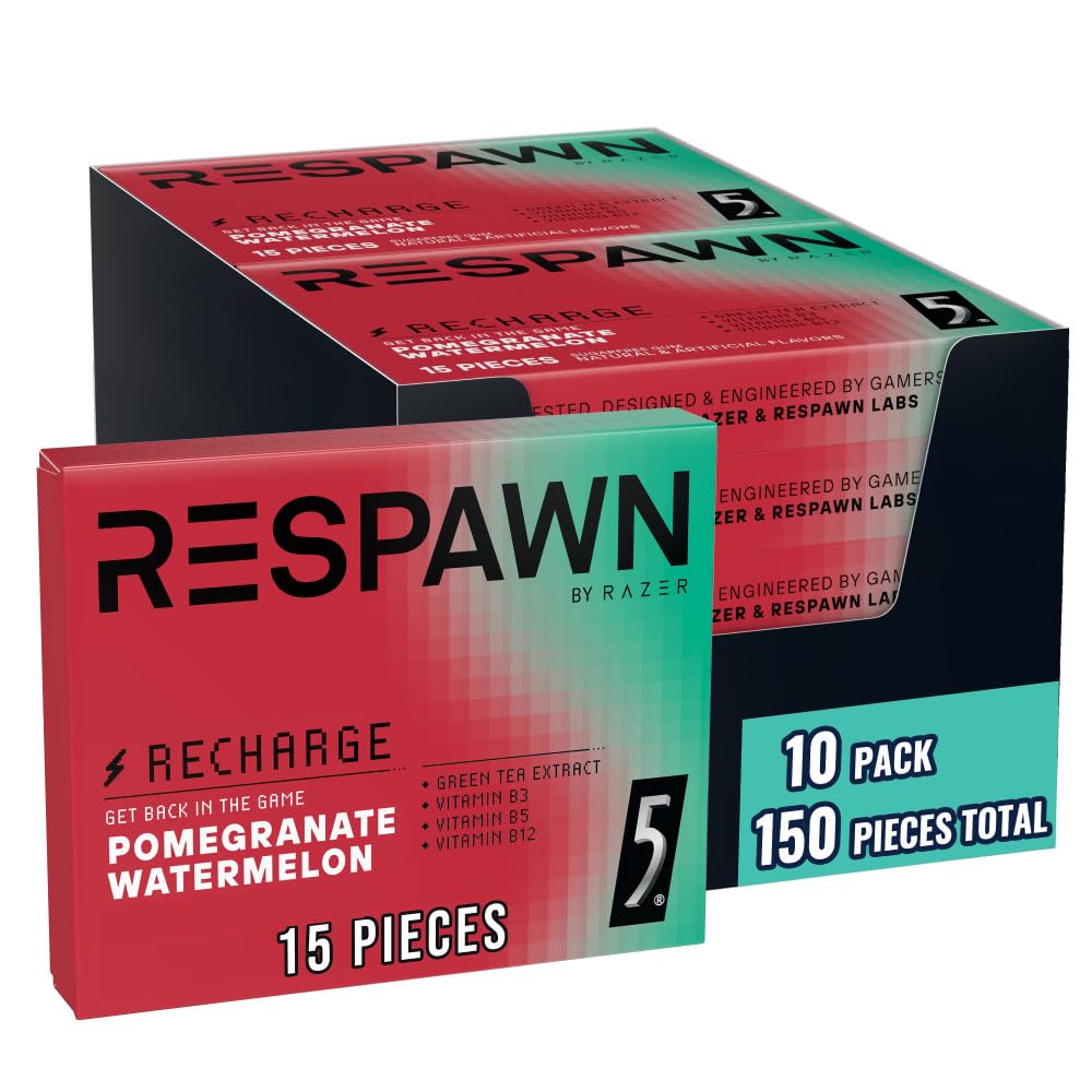 RESPAWN Energy and Focus Gum by Razer, Recharge Chewing Gum Sugar-Free - Pomegranate Watermelon, 15 Count (Pack of 10)