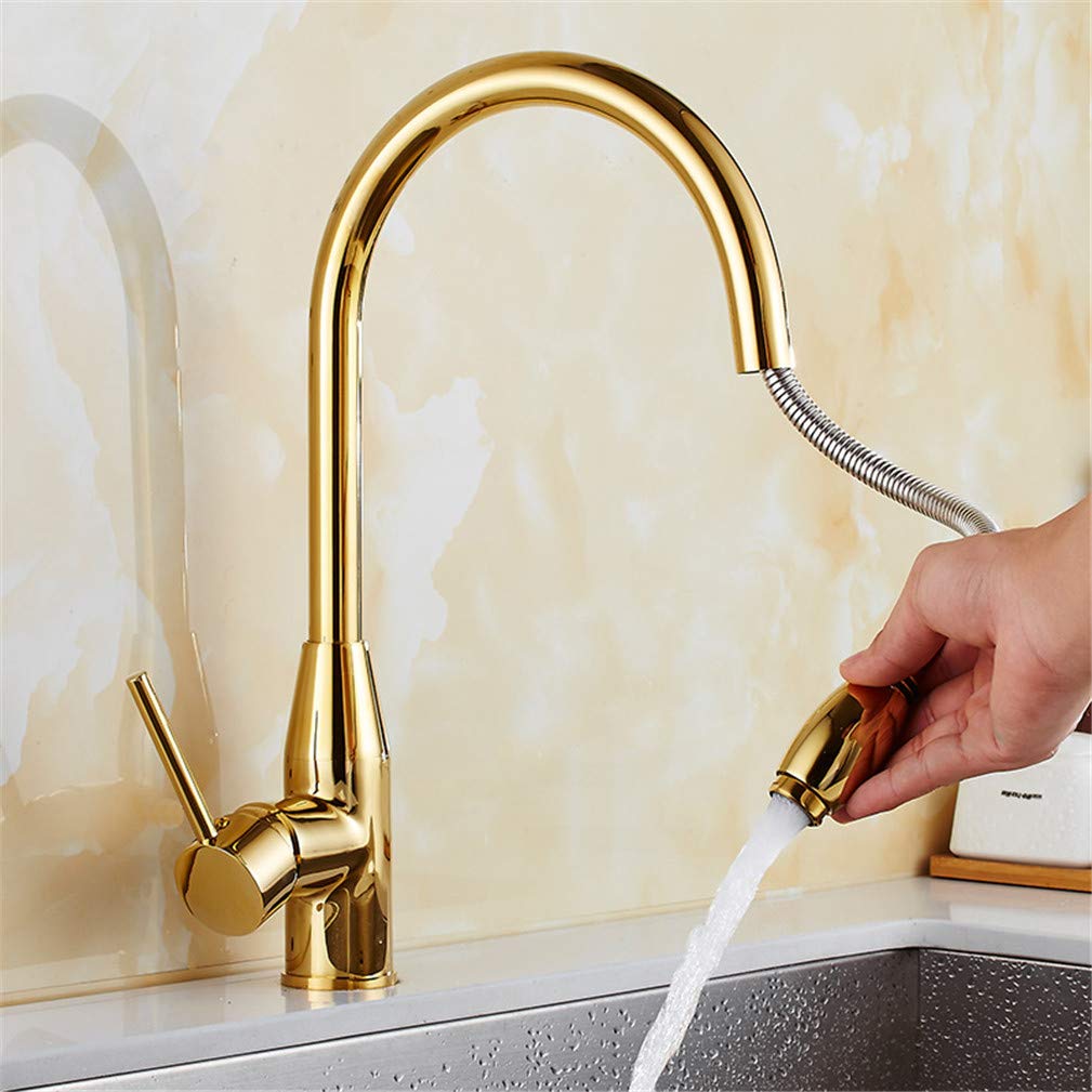 MXXQRHF Gold Kitchen Faucet - Antique Brass Single Handle Pull-Out Tap with 360° Swivel, Deck Mounted Water Mixer, Aerator Included - Modern Kitchen Fixture