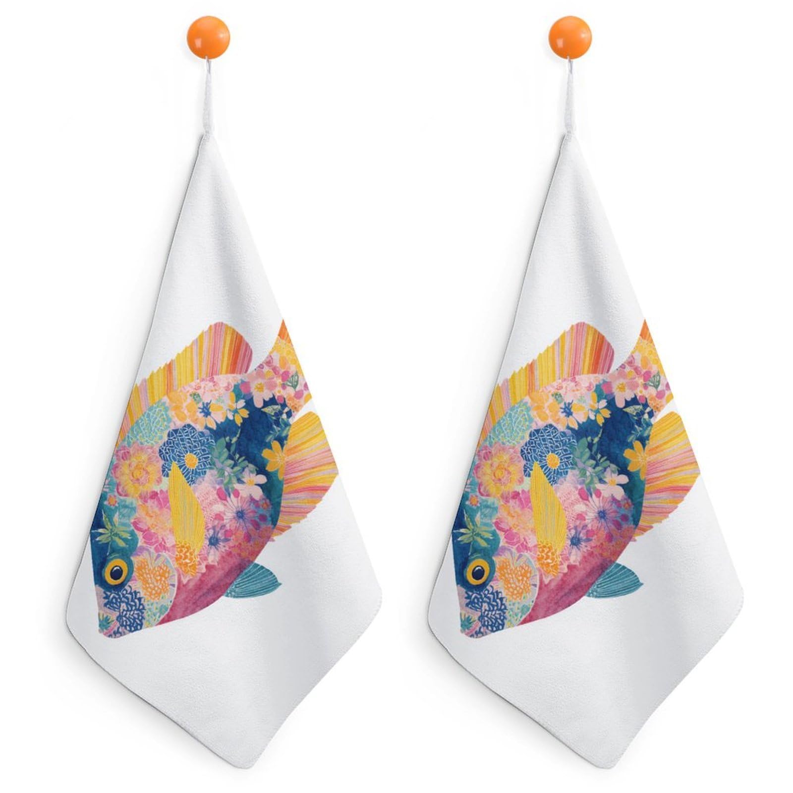 Jubonexis Preppy Trendy Fish Floral Pattern Small Hand Towel with Hanging Loop 2 PCS Absorbent Soft Wash Cloth for Kitchen Bathroom