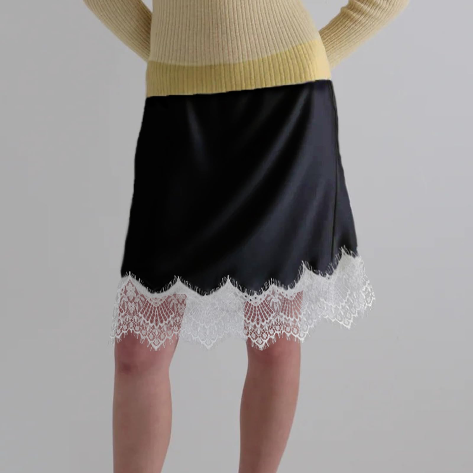 Sexy Outfit Damen-Halbslip aus Satin mit Spitzenbesatz, elastischer Taille, kurzer Unterrock, Petticoat für Unterkleider, weicher Slip-Rock in den britischen Größen 6–24