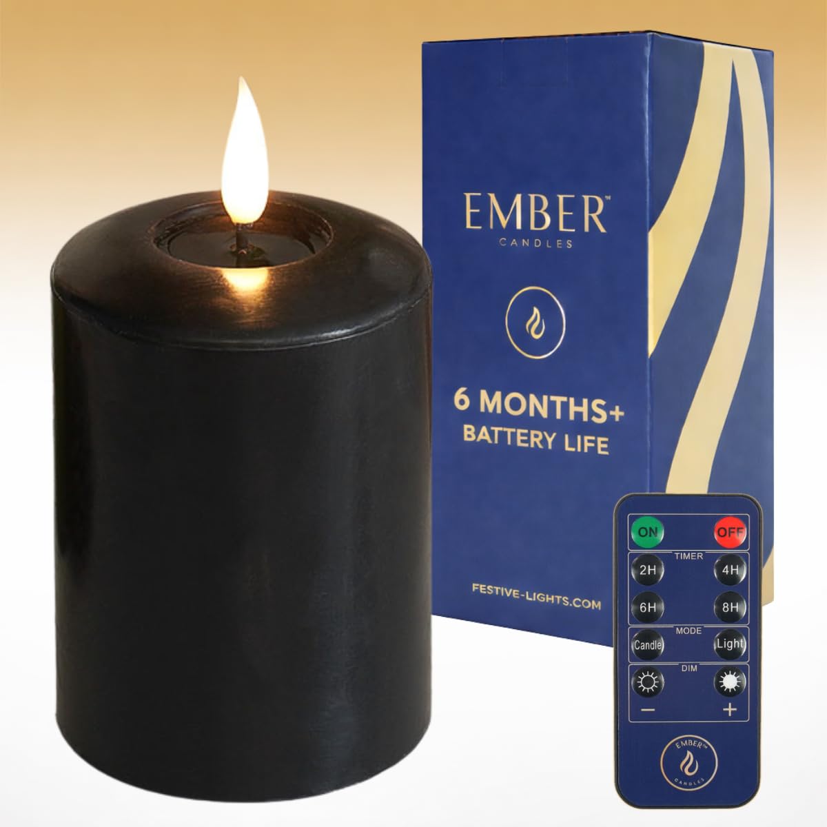 Ember Candles™ 10cm Signature Black LED Flickering Battery Candle – 100% Real Wax, Ultra-Realistic, Flameless, Hand-Poured Design, 6-Hour Timer for Safe Indoor Use (with Remote Control)