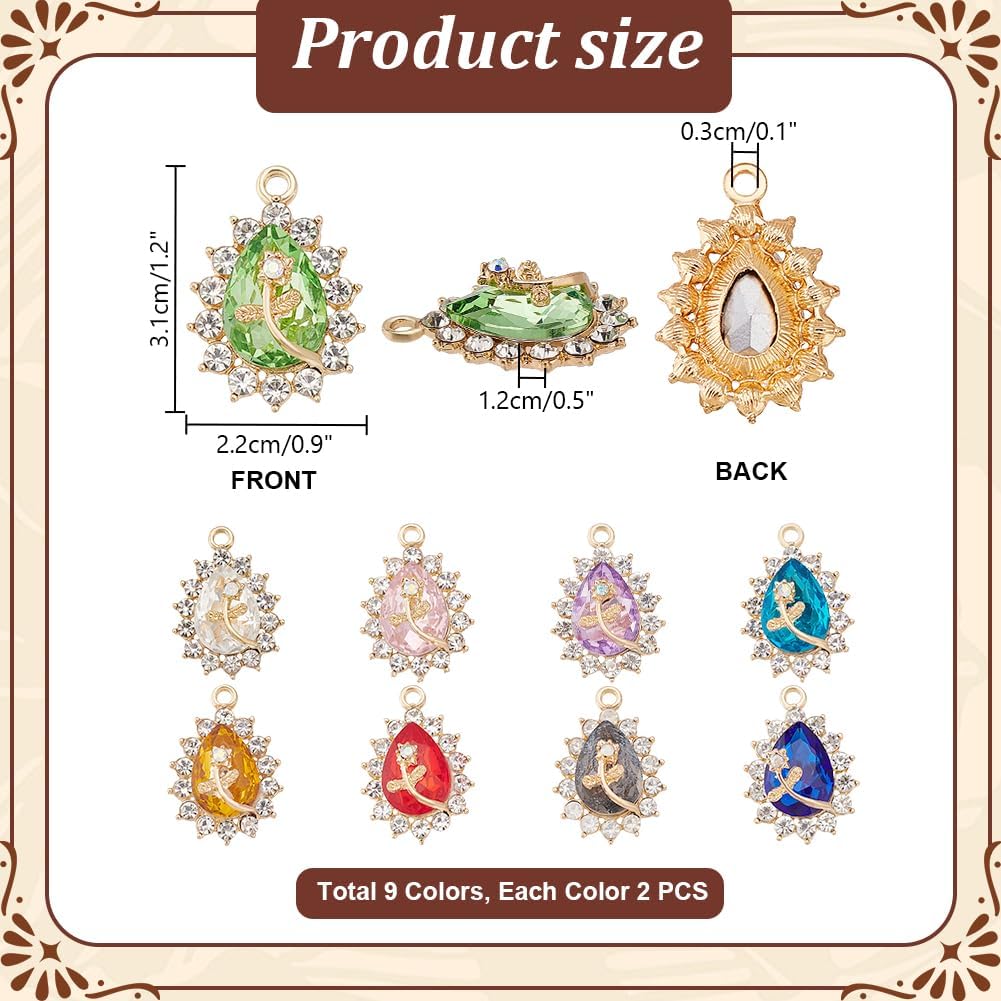 PH PandaHall 18pcs 9 Colors Teardrop Charms, 31x22mm Golden Glass Rhinestone Cabochons Faceted Teardrop Beads Dangle Rhinestone Pendants for DIY Jewelry Bracelet Necklace Earring Pendant Craft Making - Image 2