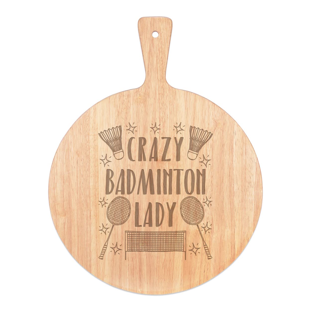 Poignée bois et motif unique pour ce plateau de service Fou Badminton Femme Stars 45x34cm