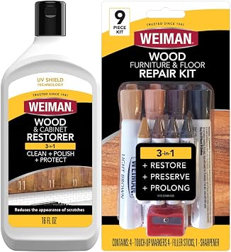 Weiman Wood Restore and Repair Kit, Wood Floor Scratch Repair, Furniture Markers Touch Up, Cabinet Cleaner, Removes Dirt & Reduces Scratches, Safe for Table, Desk, Chair, UV Shield Technology