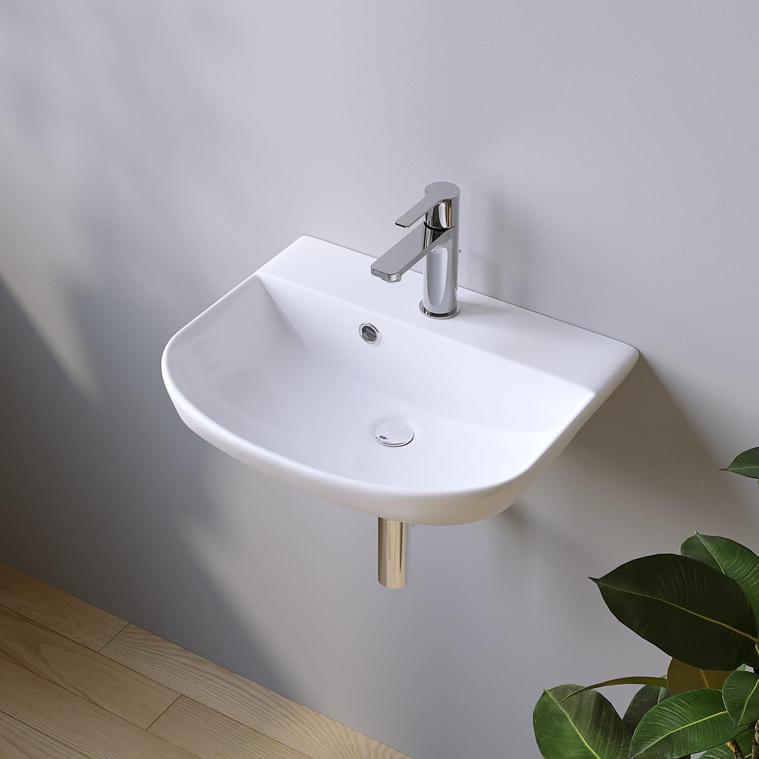Waschbecken aus Keramik 44 x 36 cm Waschtisch Hängewaschbecken Halbrund Ovales Handwaschbecken Weiß Badezimmer Gäste WC mit Hahnloch Überlauf Stockschrauben | OHNE Wasserhahn | OHNE Ablaufventil