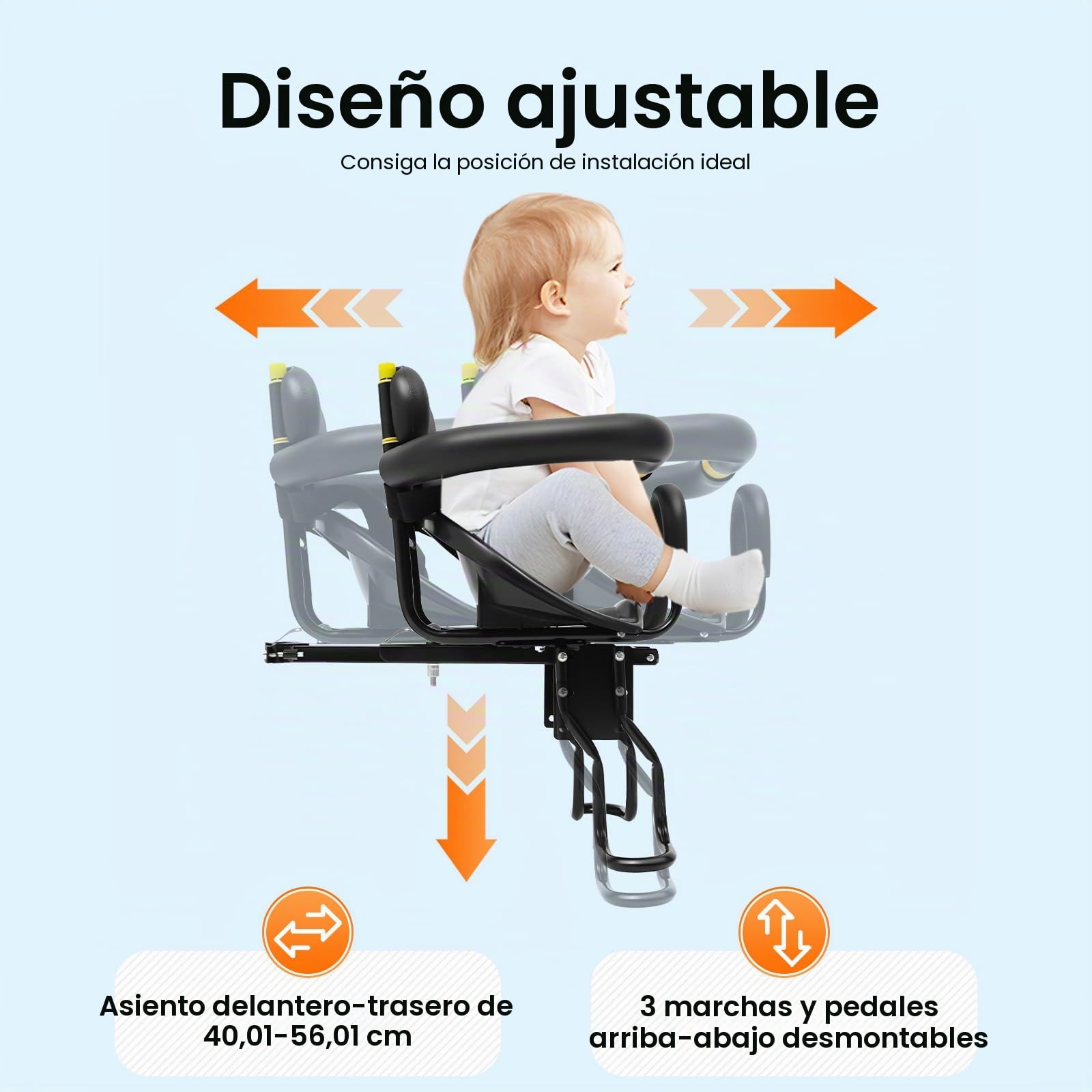 Asiento infantil ajustable para bicicleta delantero seguro con correas y barandillas, práctico para bicicletas de ciudad y bicicletas familiares