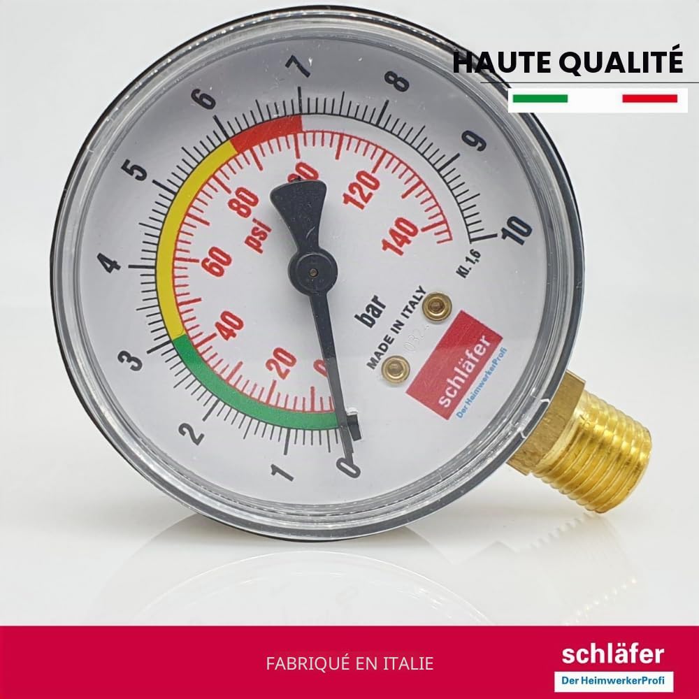 Schläfer 0930168 | Manomètre hydraulique vertical Ø 63 mm, raccord radial 1/4 ", échelle de mesure 0-10 bar, pour systèmes thermiques et contrôle de pression d'air et d'eau